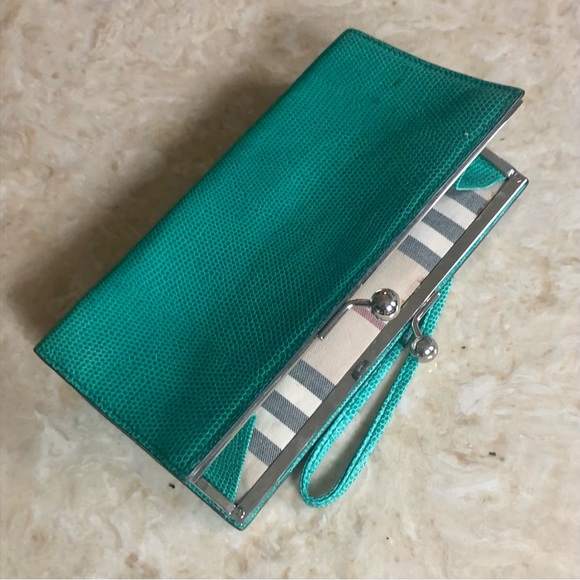 Burberry London Turquoise Croc Pattern Wristlet Clutch Bag Plaid Print Interior - Picture 2 of 5